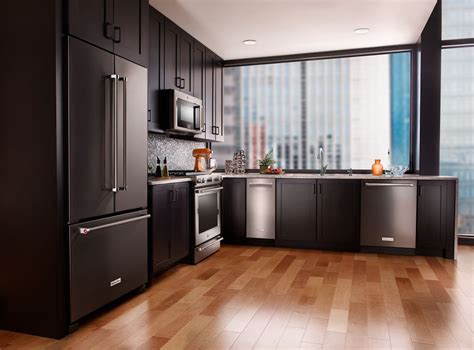 picture of black stainles steel appliance with wood cabinets|black stainless steel cabinets colors.